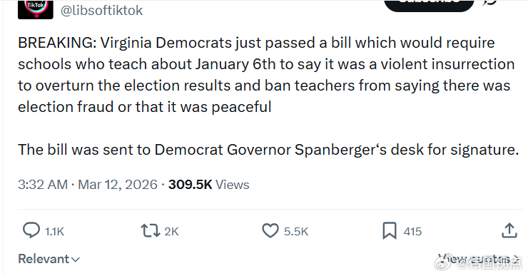 弗吉尼亚州的民左党人刚刚通过一项法案，要求学校在教授1月6日事件时，必须称其为旨