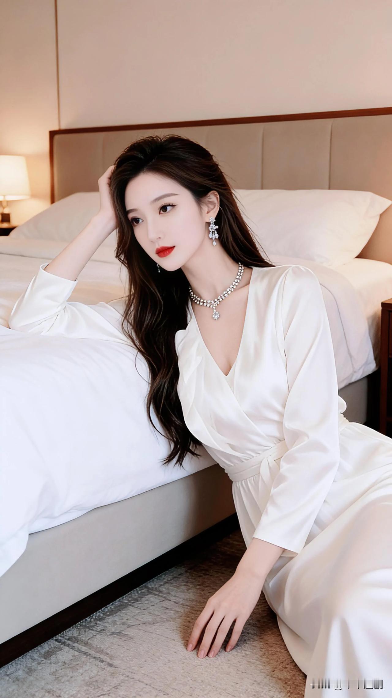 白缎睡衣裹着松弛慵懒，钻饰在暖光里漾着细碎光泽，红唇微抿间，是卧室独有的温柔氛围
