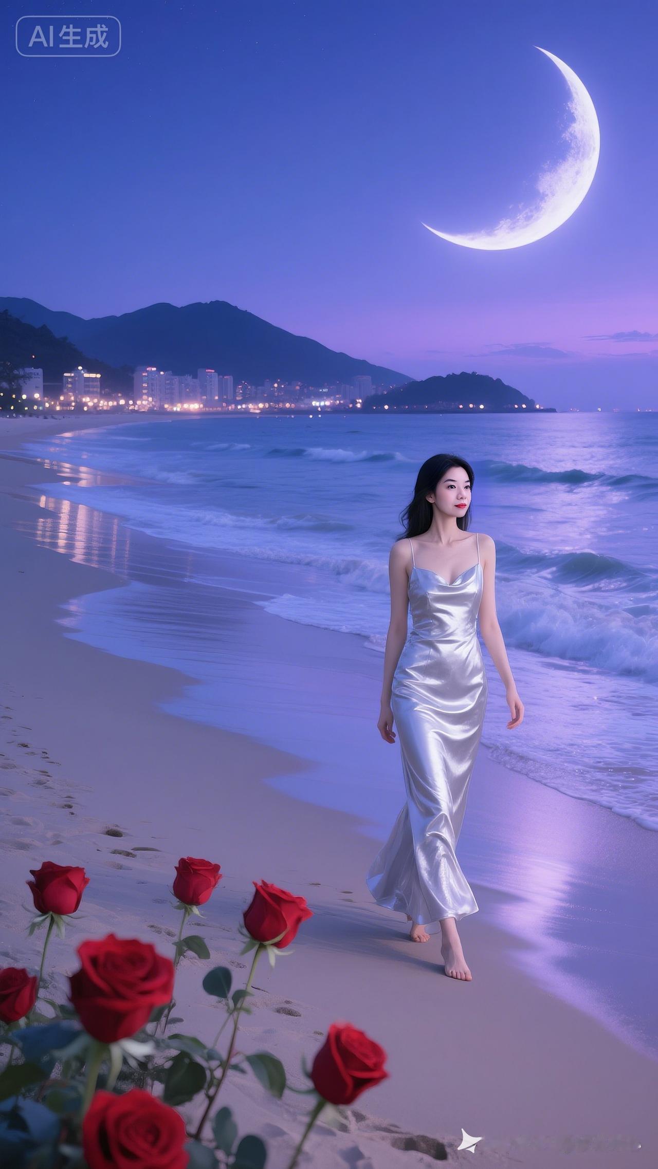 弯月夜空高悬，海滨沙滩温柔绵延，远山城镇灯火点点。红玫瑰热烈盛放，女子身着银白色