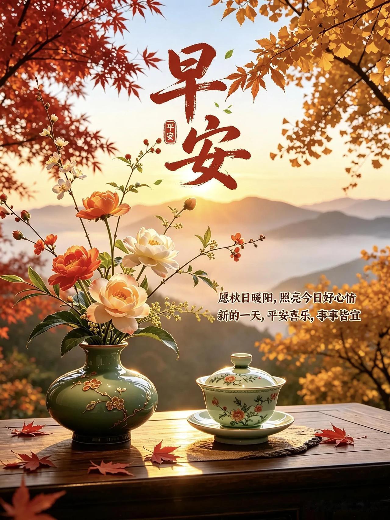 秋光入盏，花香伴晨，愿平安喜乐，万事顺心。