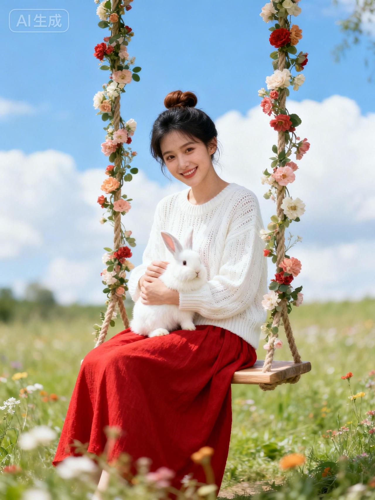 在花海中荡秋千，与兔儿相伴，享受美好时光。