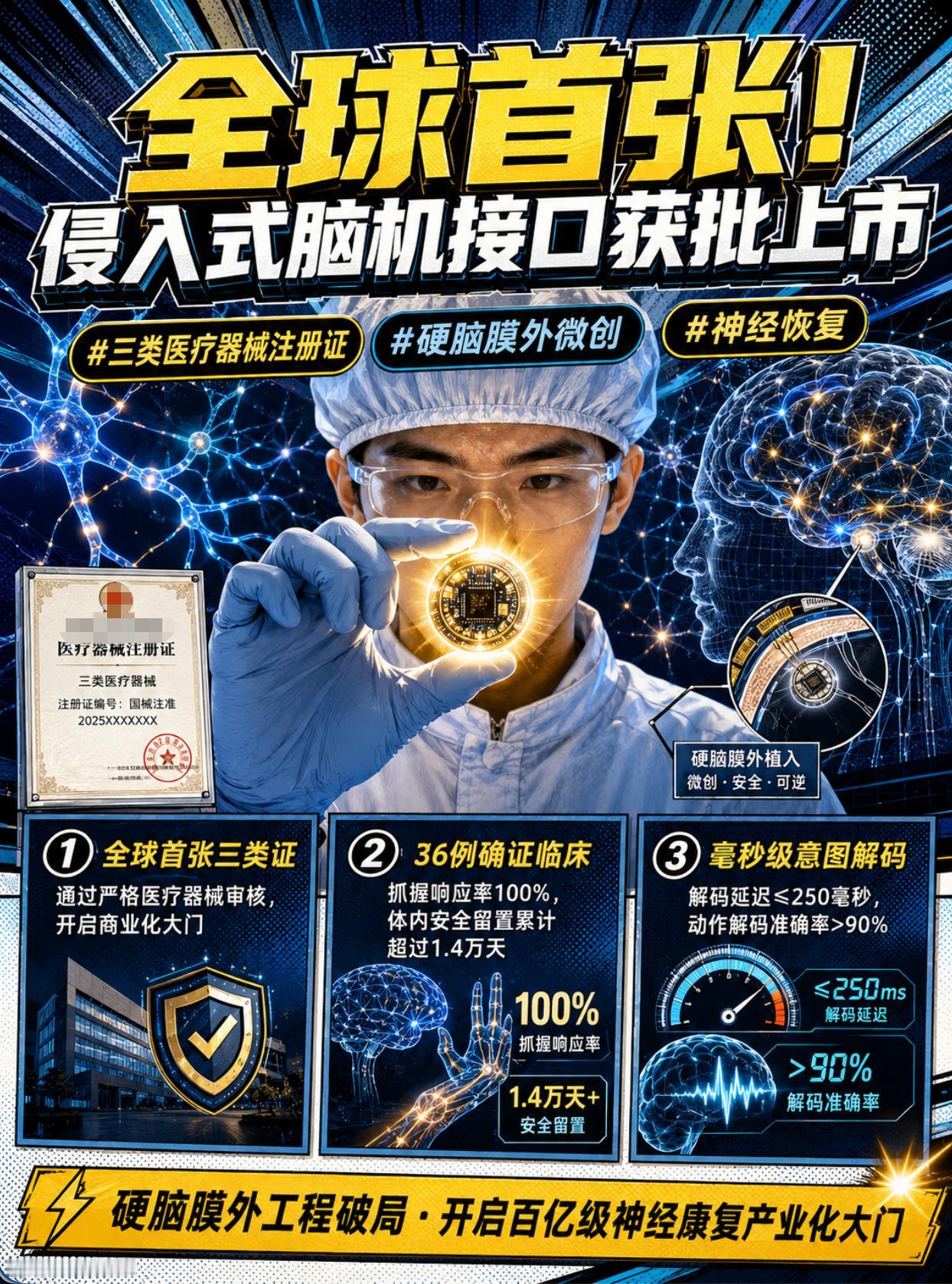 首张侵入式脑机接口三类医疗器械注册证获批，产业化大门开启！

我国药监局批准全球