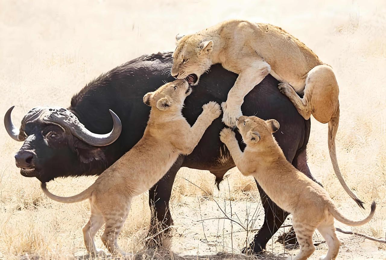 草原上的生死较量：小狮子挑战大水牛！牛背上的母狮似乎在给它孩子交代什么？