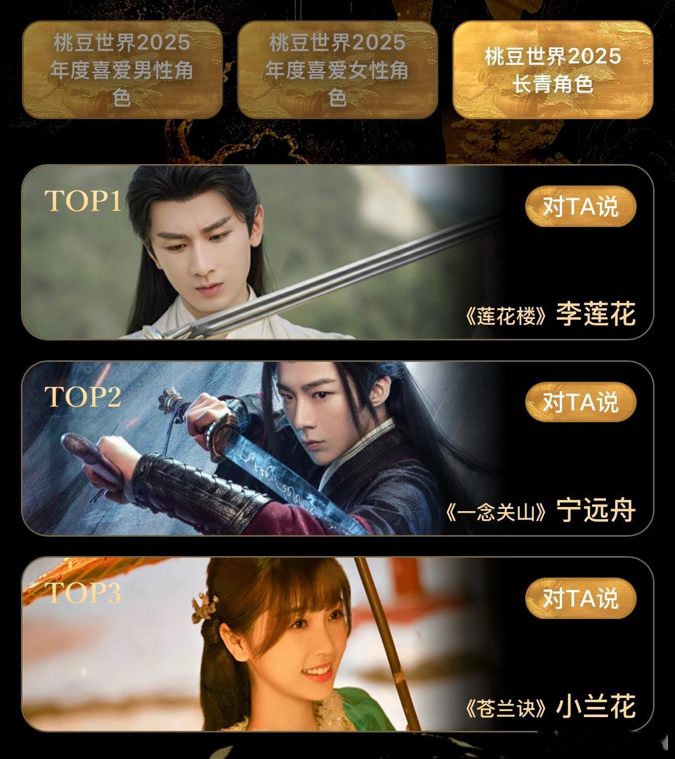 爱奇艺站内观众票选的桃豆世界：：成毅《莲花楼》李莲花、刘宇宁《一念关山》宁远舟、