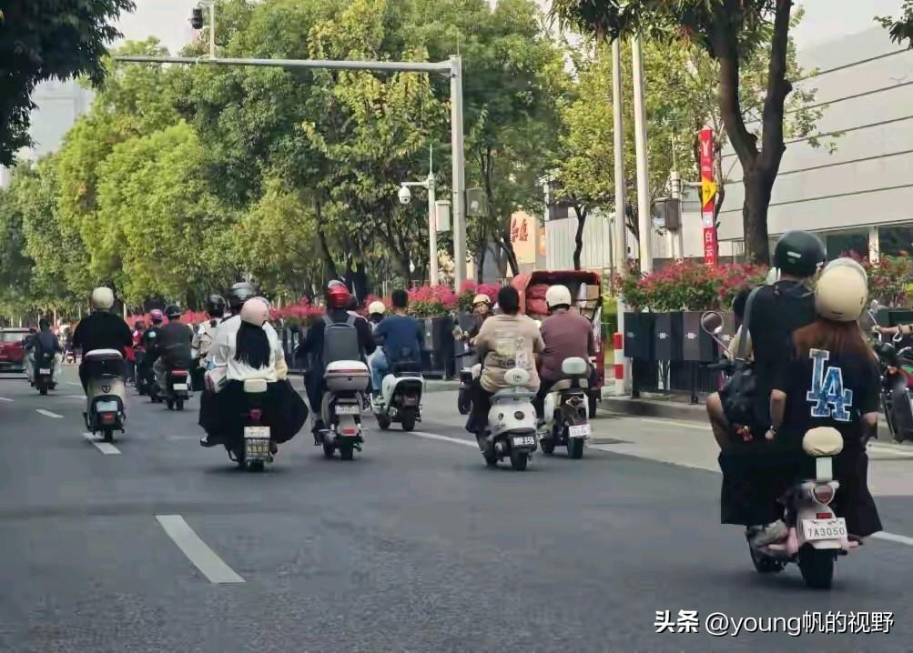 有网友在广州白云区早上上班的路上拍摄到了这壮观的电鸡大军，单向三车道的道路，都几