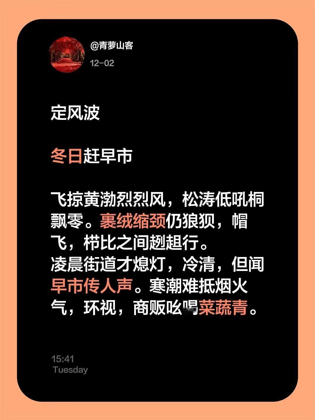定风波冬日赶早市飞掠黄渤烈烈风，松涛低吼桐飘零。裹绒缩颈仍狼狈，帽飞，栉比之间趔