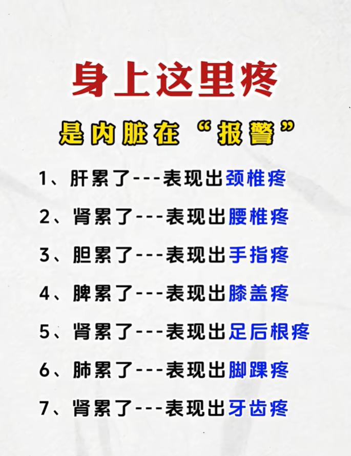 颈腰手脚各处疼痛，对应肝脾肾肺脏腑劳损信号