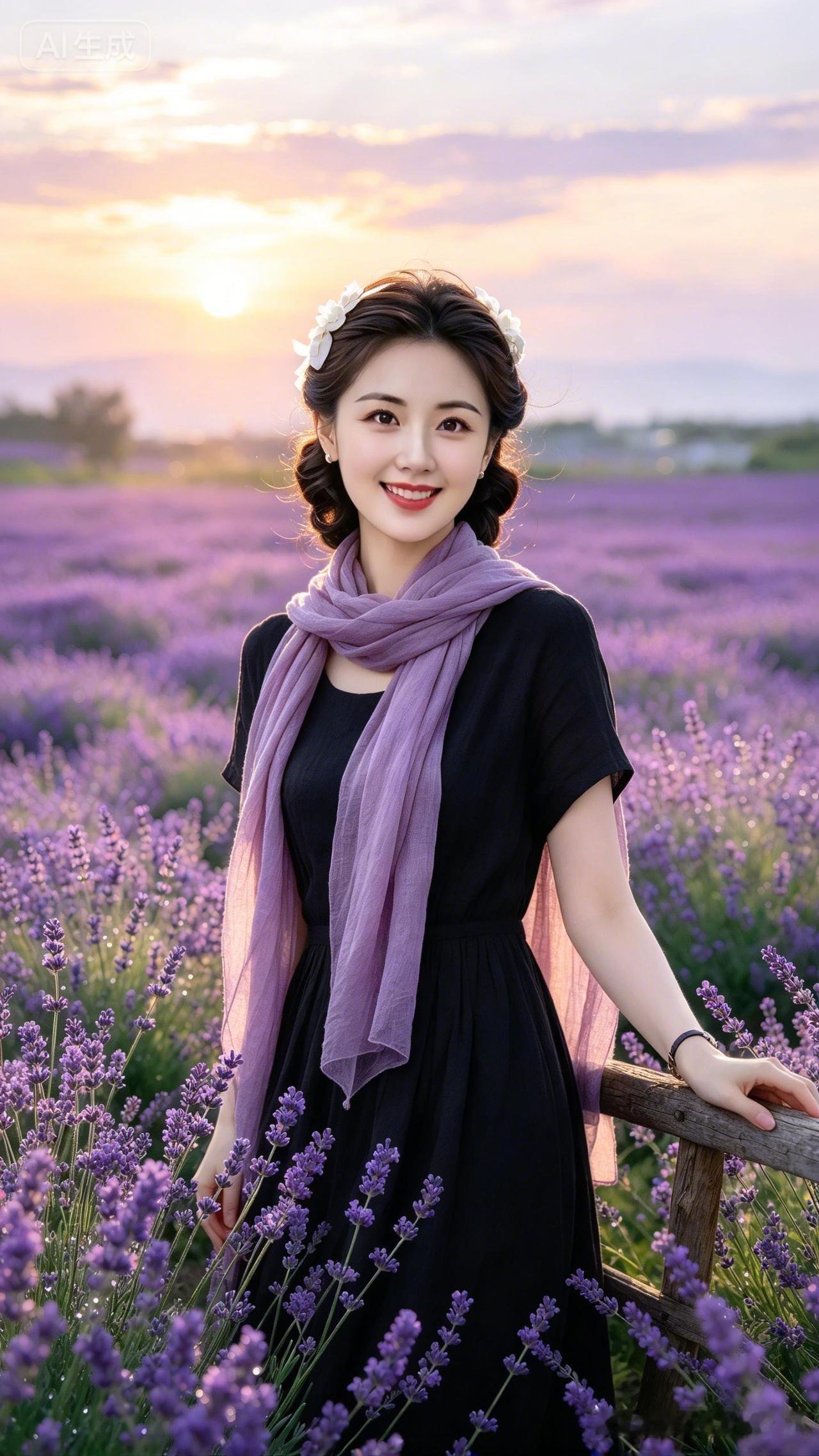 她站在薰衣草田里，微笑着看夕阳。