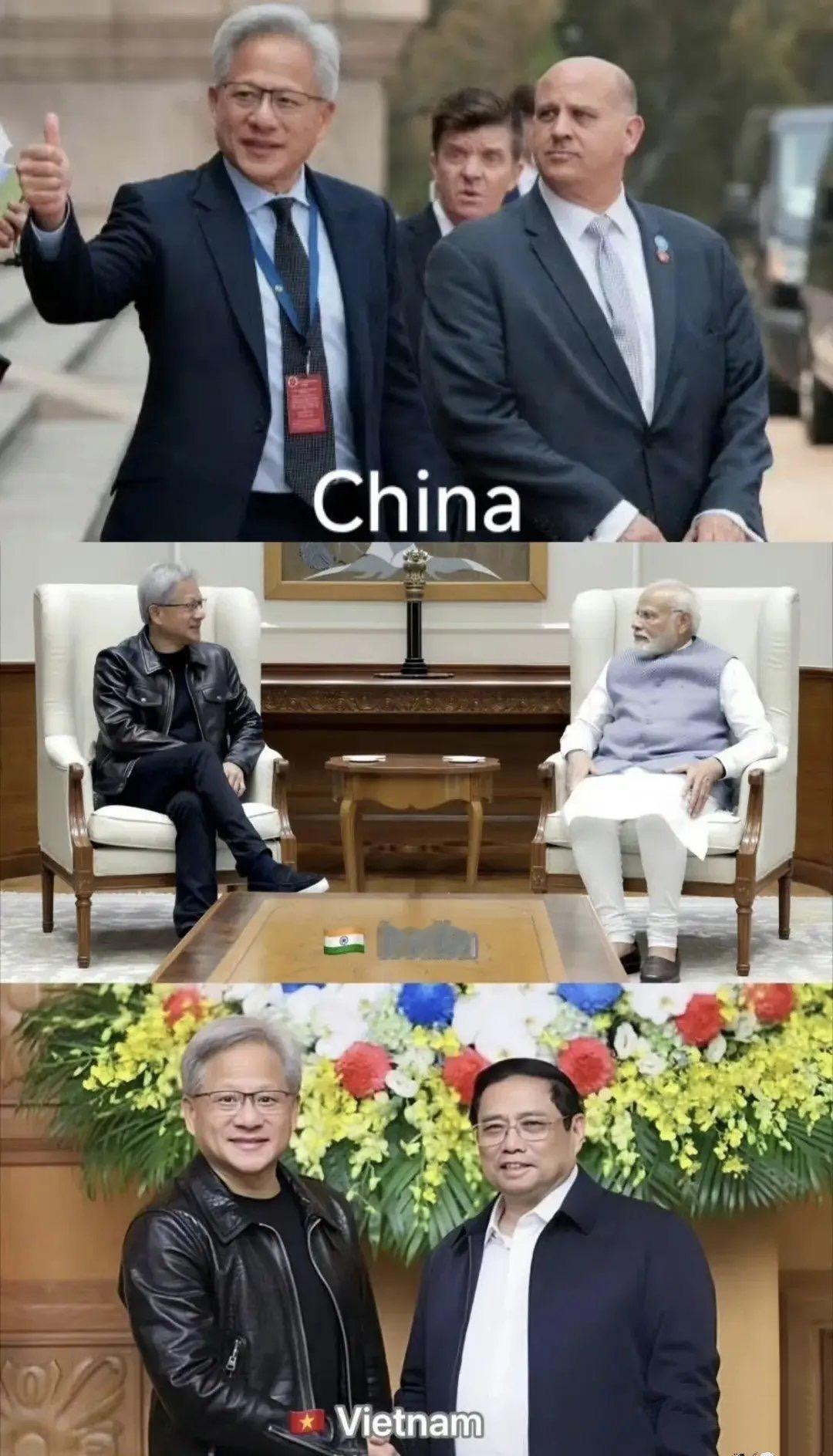 黄仁勋去印度，穿皮夹克，去越南，也穿皮夹克；
 
但这次来中国，皮夹克不穿了，改