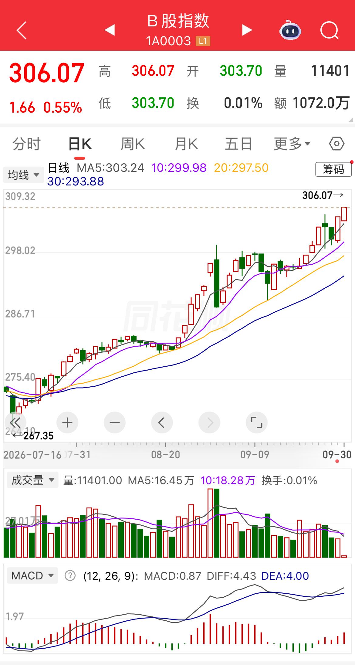 指数创4年来新高
今天我看了B股指数的走势图，着实大吃一惊，306.18点，创下