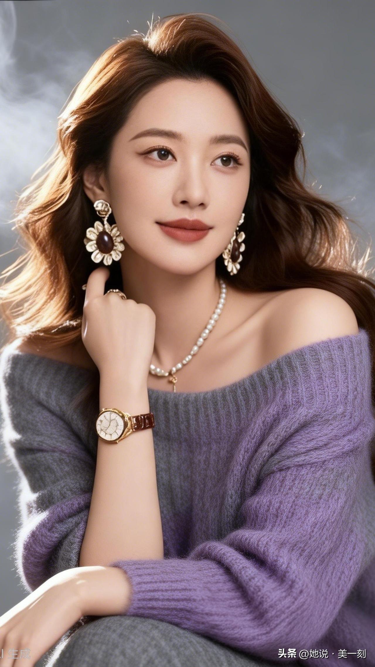 温柔优雅，气质满满，紫色毛衣搭配珍珠项链，尽显女性魅力！你是喜欢风情万种，还是温