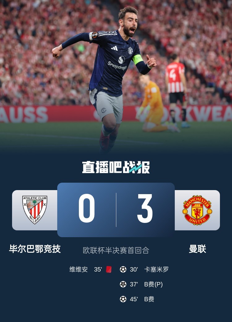 #毕尔巴鄂竞技0比3曼联# 欧联半决赛首回合，曼联客场3-0轻取十人毕巴，B费双