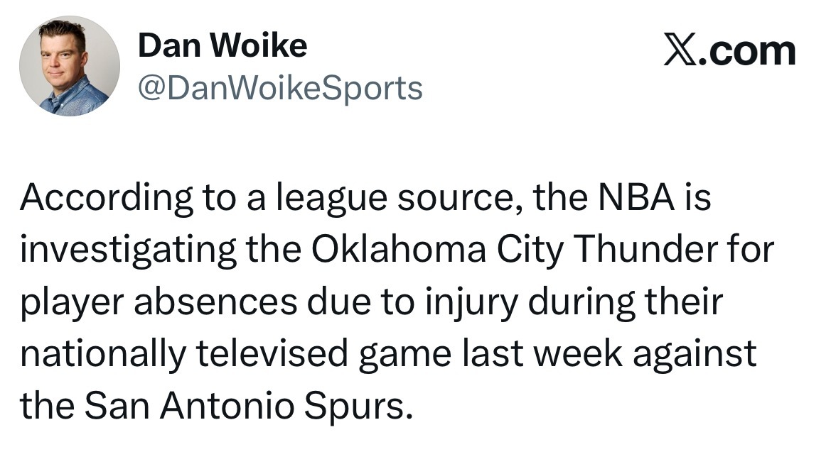 据联盟消息人士透露，NBA正在调查俄克拉荷马城雷霆队在上周对阵圣安东尼奥马刺队的