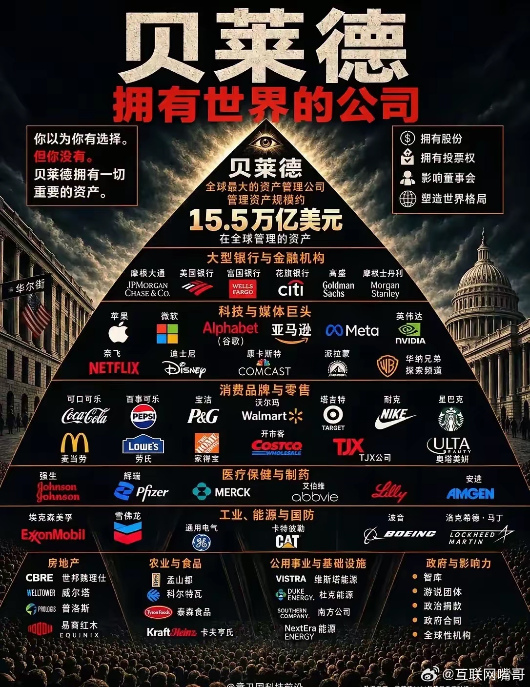 这张图说贝莱德"拥有整个世界"——你喝的咖啡、用的手机、吃的药，背后全是它，顶端