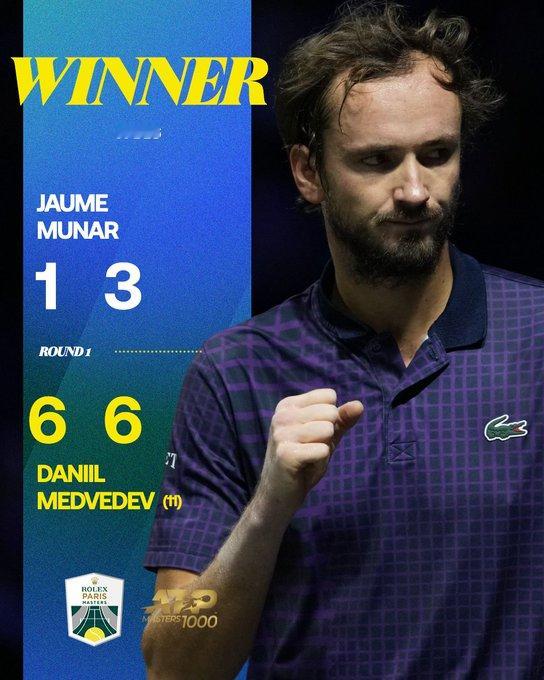 巴黎大师赛：梅总6-1、6-3横扫穆纳尔，次轮将战迪米特洛夫；刚在巴塞尔夺冠的丰