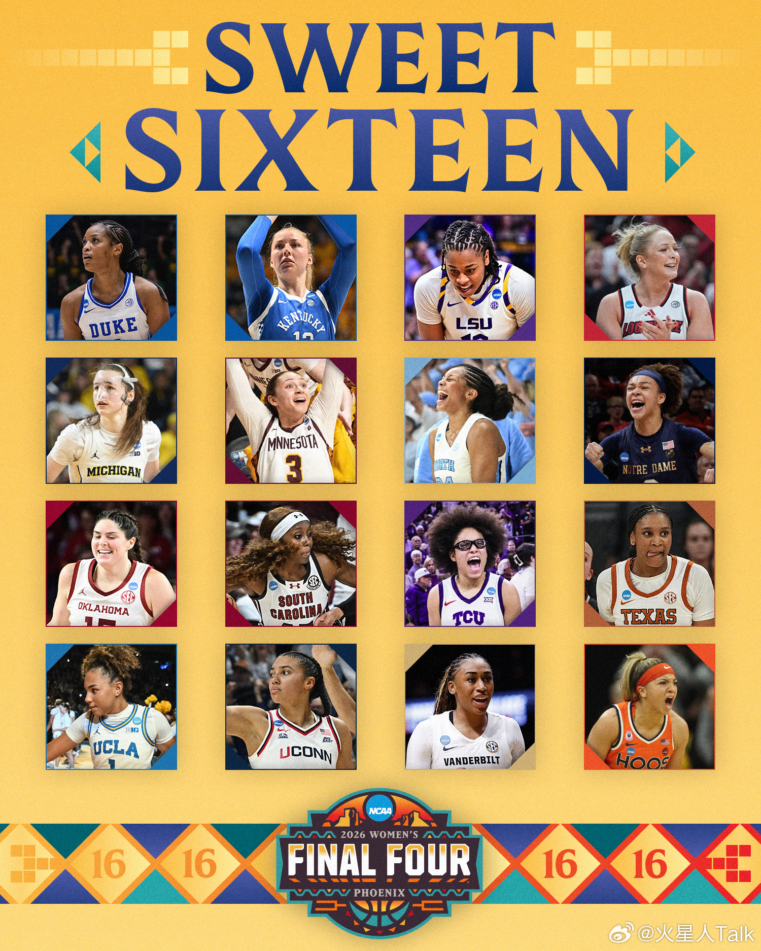 2025-2026赛季NCAA女篮疯狂三月 Sweet甜蜜16强，SEC联盟6支
