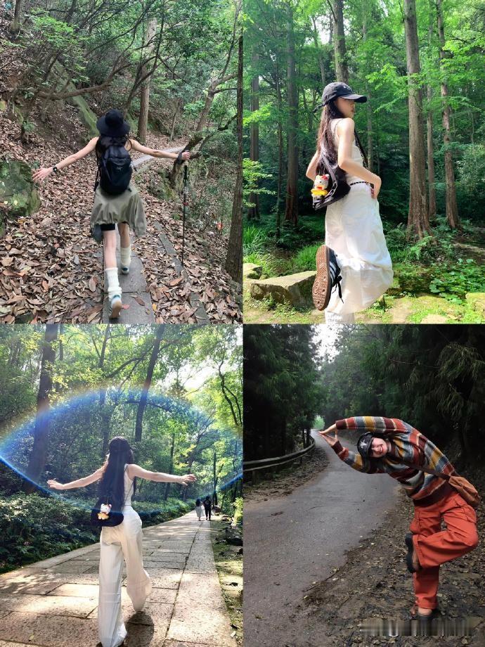 山野徒步，不必刻意摆拍，自带松弛感才最出片。侧身望向远山，单手轻扶树干；或是回头