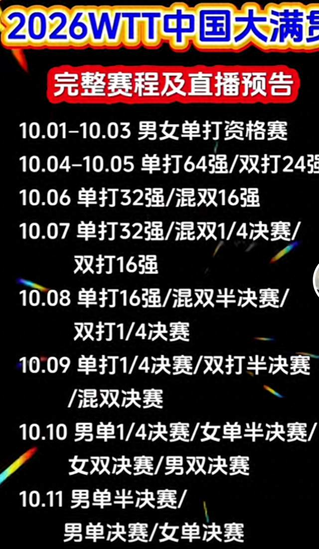 2026WTT中国大满贯完整赛程出炉！收藏好，不错过每一场国乒对决