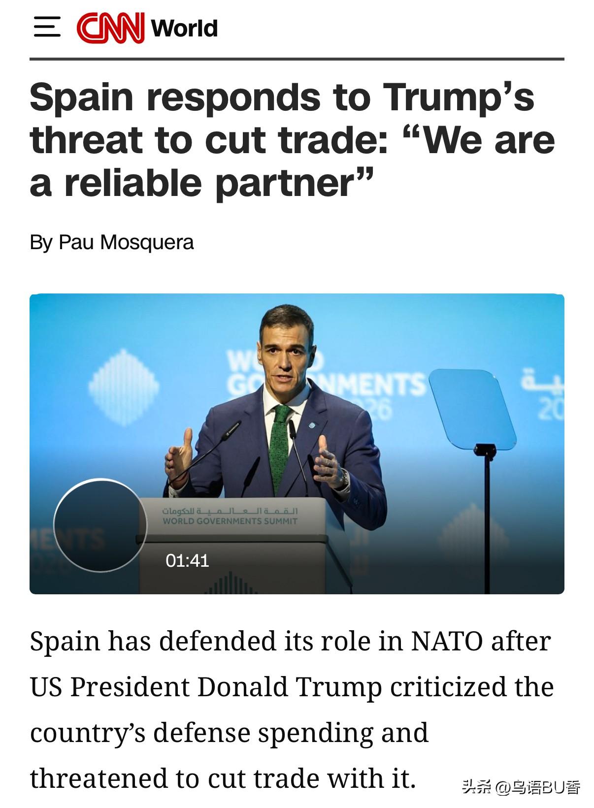 面对西班牙拒绝美军使用其军事基地作为攻击伊朗的“跳板”，川普愤怒地表示，将切断与