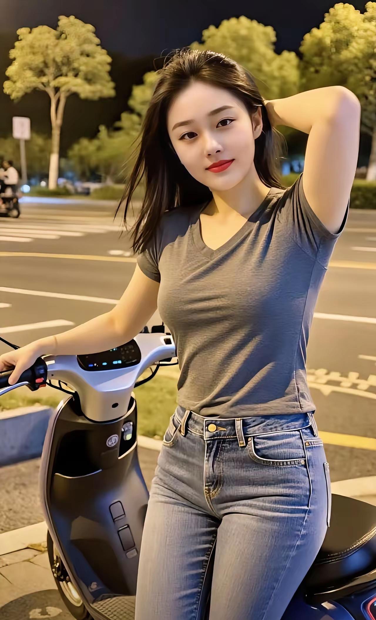 夜晚街头的甜美女孩，骑着小电驴，自由自在。🌙🚴‍♀️✨