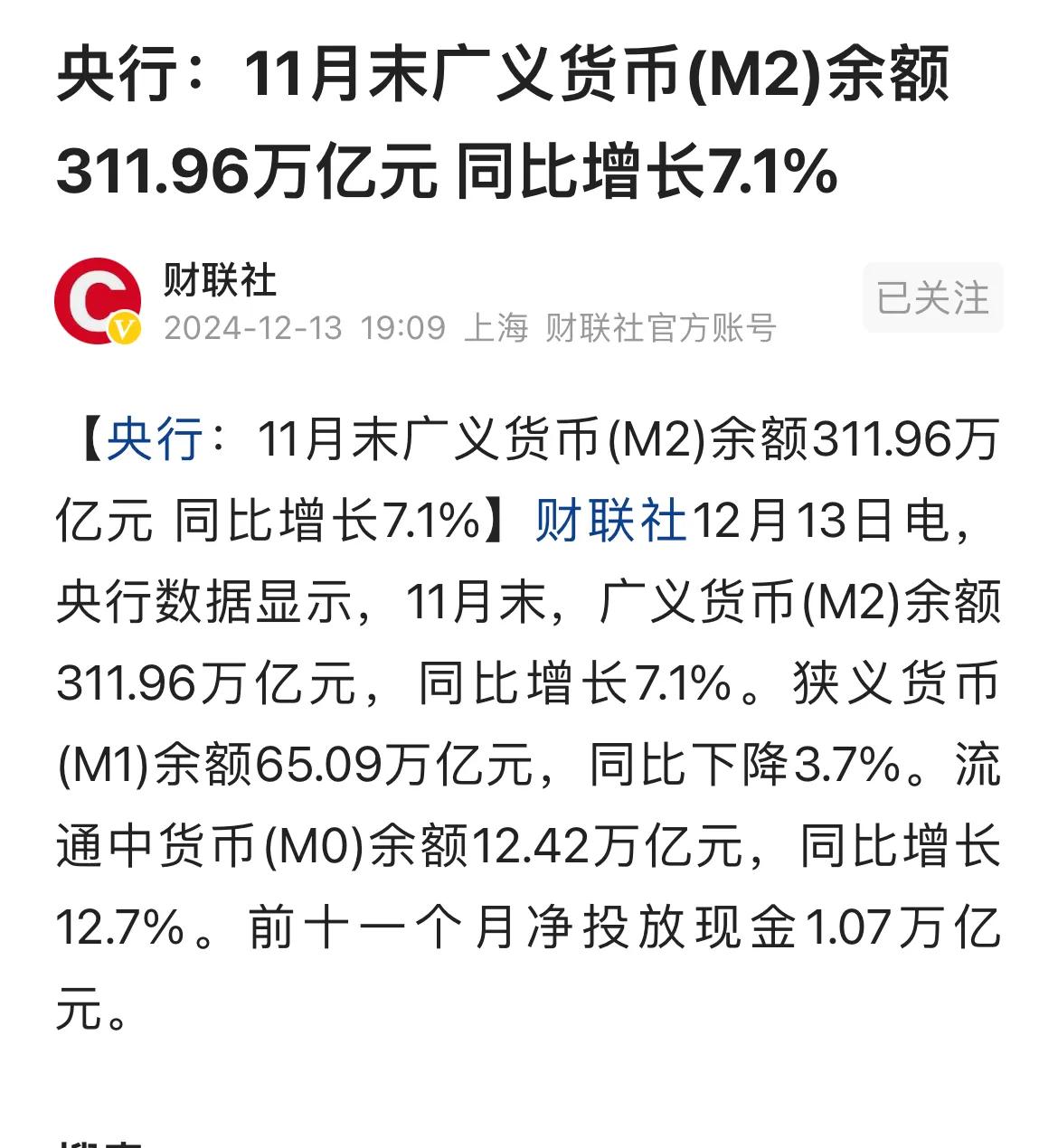 11月广义货币（M2）311.96万亿元，同比增长7.1%。狭义货币（M1）65