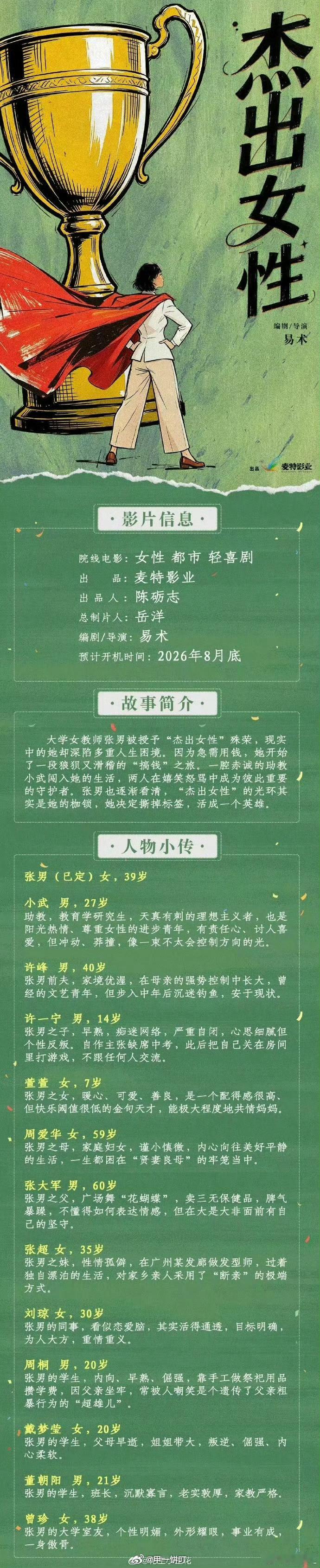 电影《杰出女性》今日成都开机主演：任素汐、王彦桐、刘琳、刘钧 