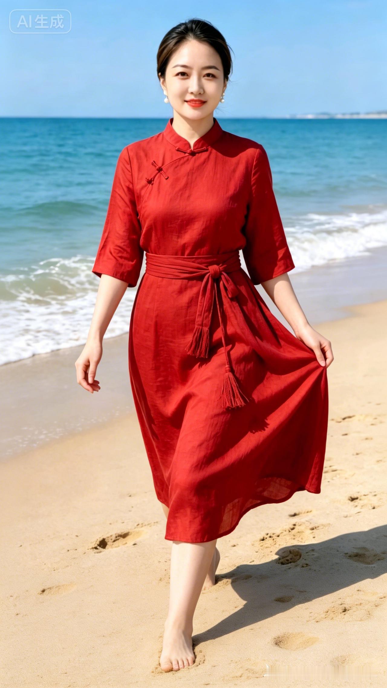 海边漫步，红裙飘逸，尽享夏日风情！🌊👗💃