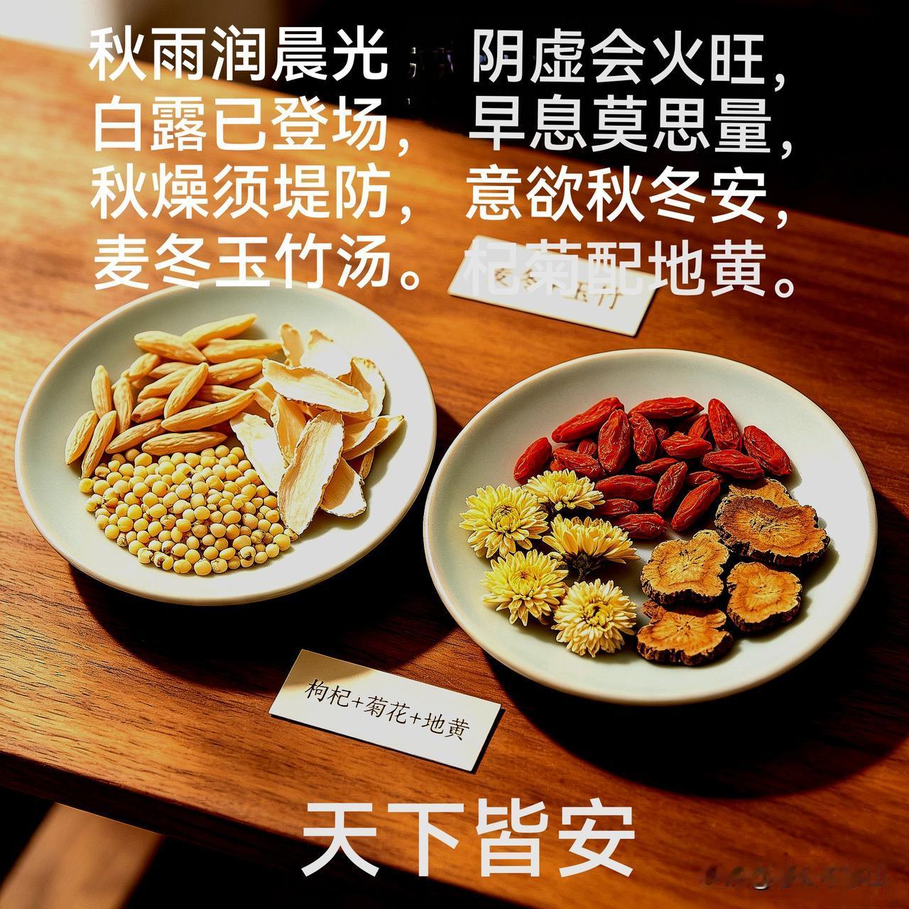 安康谣

秋雨润晨光，
白露已登场，
秋燥须堤防，
麦冬玉竹汤。

阴虚会火旺，