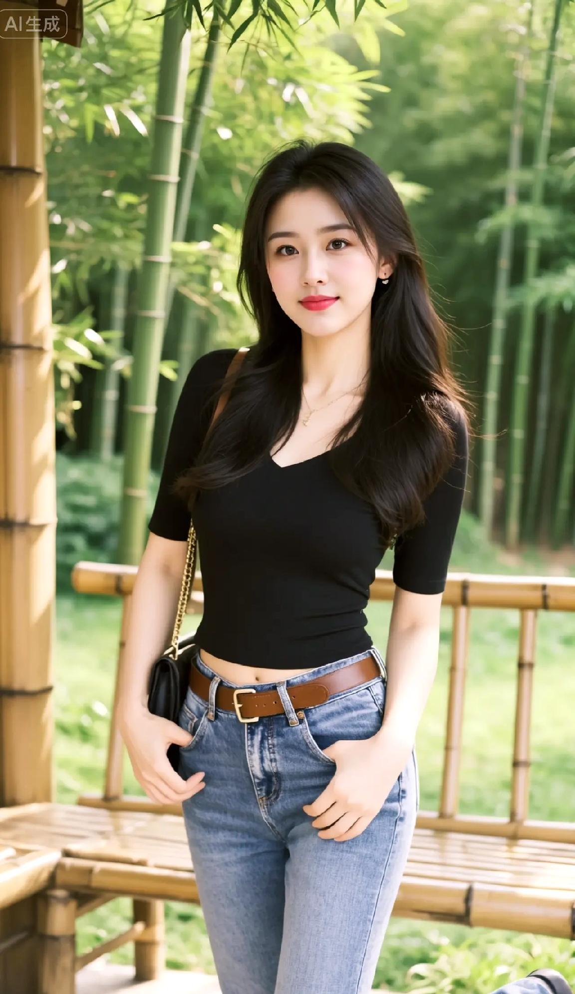 竹林中的清新少女，黑衣牛仔裤，自然美照！🌿💖