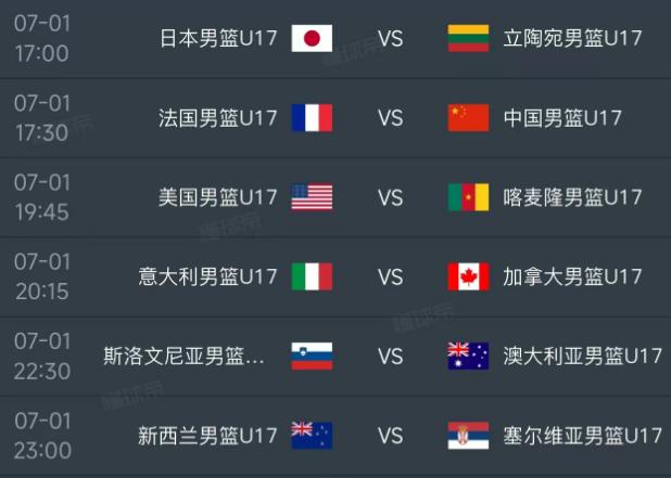北京时间7月1日，U17男篮世界杯1/8决赛赛程如下：

第一场17：00，日本
