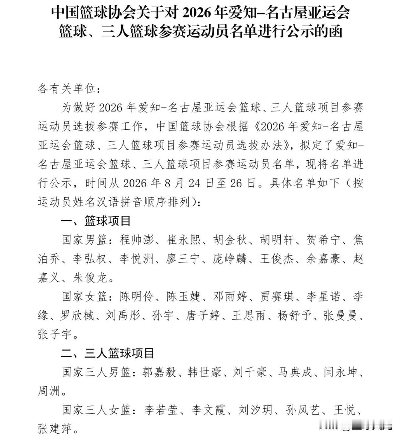 中国男女篮全主力出战亚运会，日本男女篮二队参赛。

中国篮协公布各项参赛名单
	