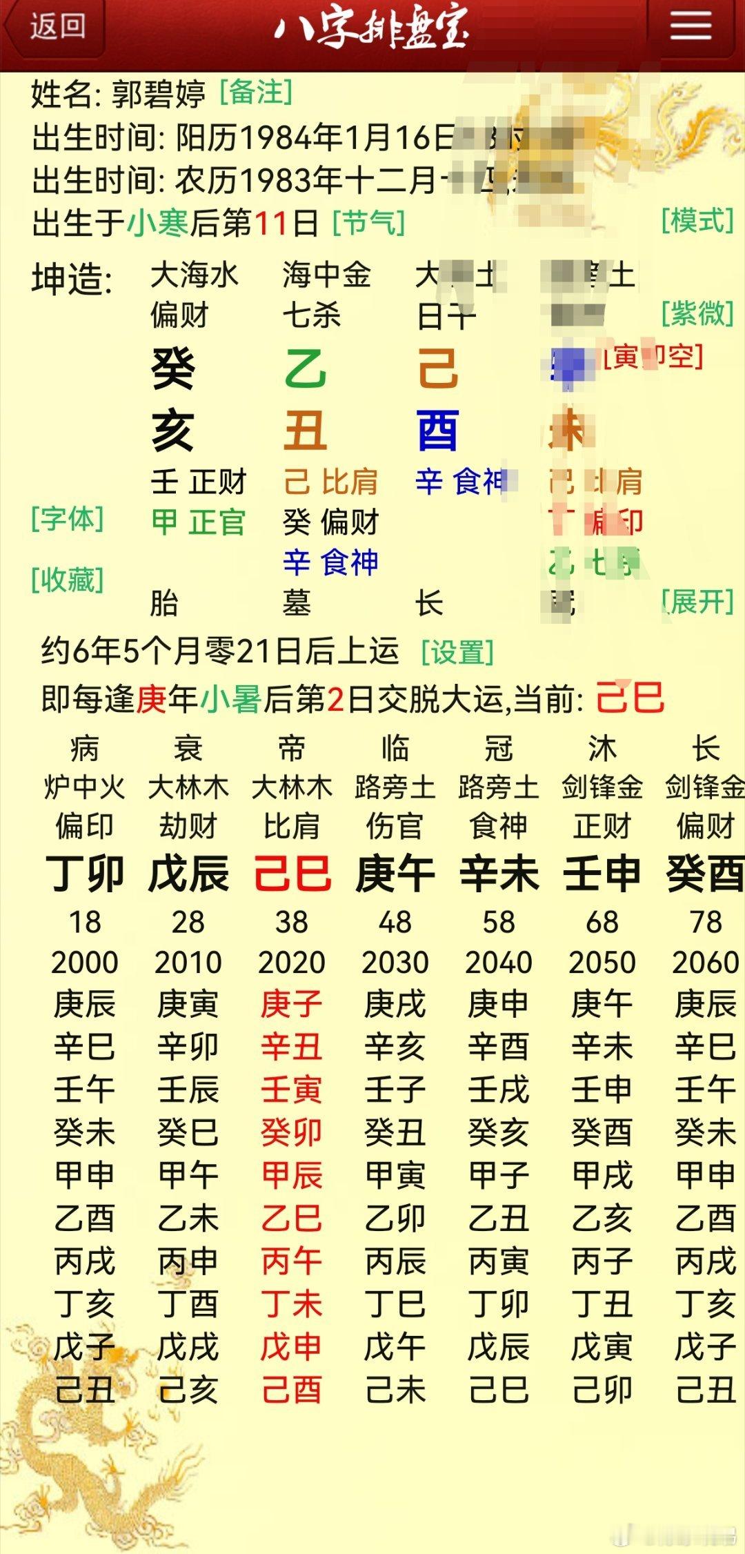 郭碧婷，如今走巳运，巳亥冲，把财官冲远了。后面庚午运，烦恼不利总体来说也不会少。