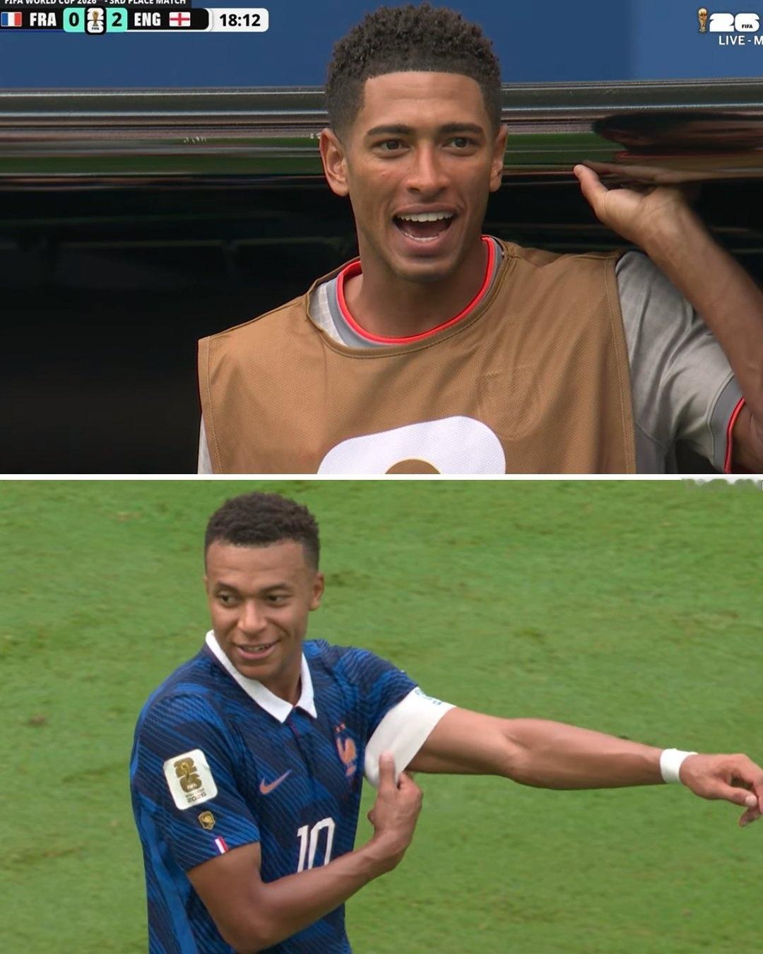 英格兰队2-0领先时，贝林厄姆与姆巴佩的反应。这比赛很业余，比友谊赛还友谊！法国