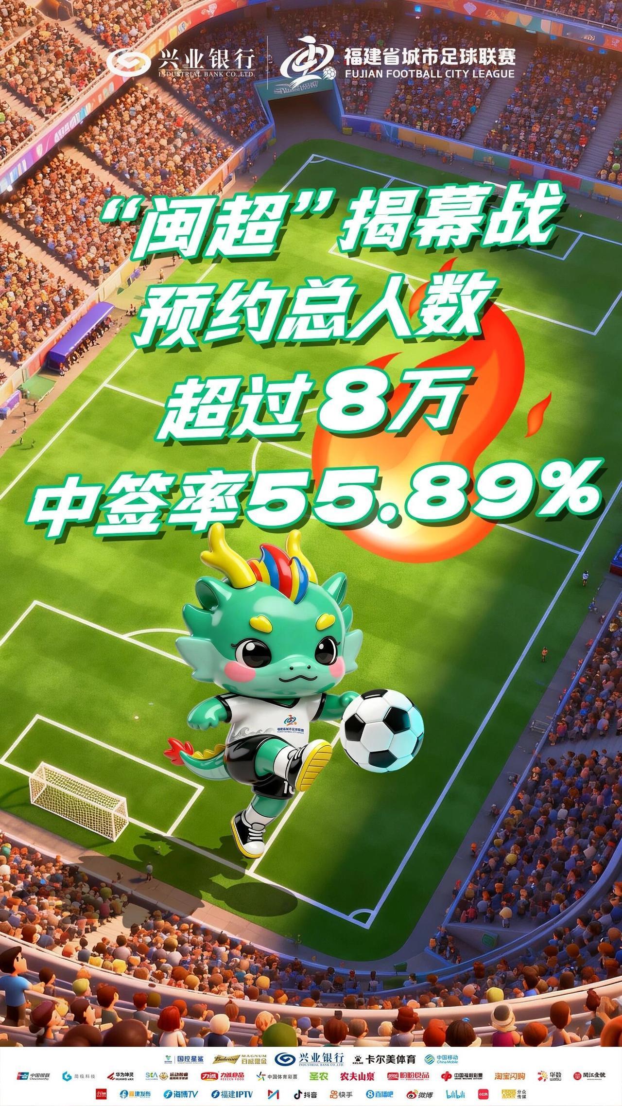 你拿到门票了吗？闽超揭幕战预约总人数超过8万！中签率为55.89% 。
