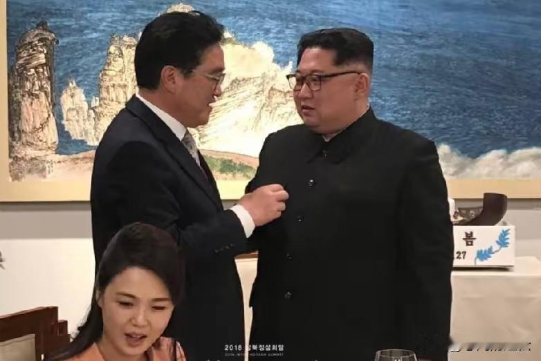 这张照片拍摄于2018年，当时禹元植陪同文在寅与金正恩会面，这是俩人在晚餐会交谈
