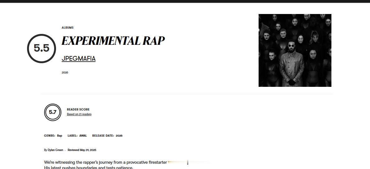 Pitchfork给JPEGMAFIA的新专辑《EXPERIMENTAL RAP