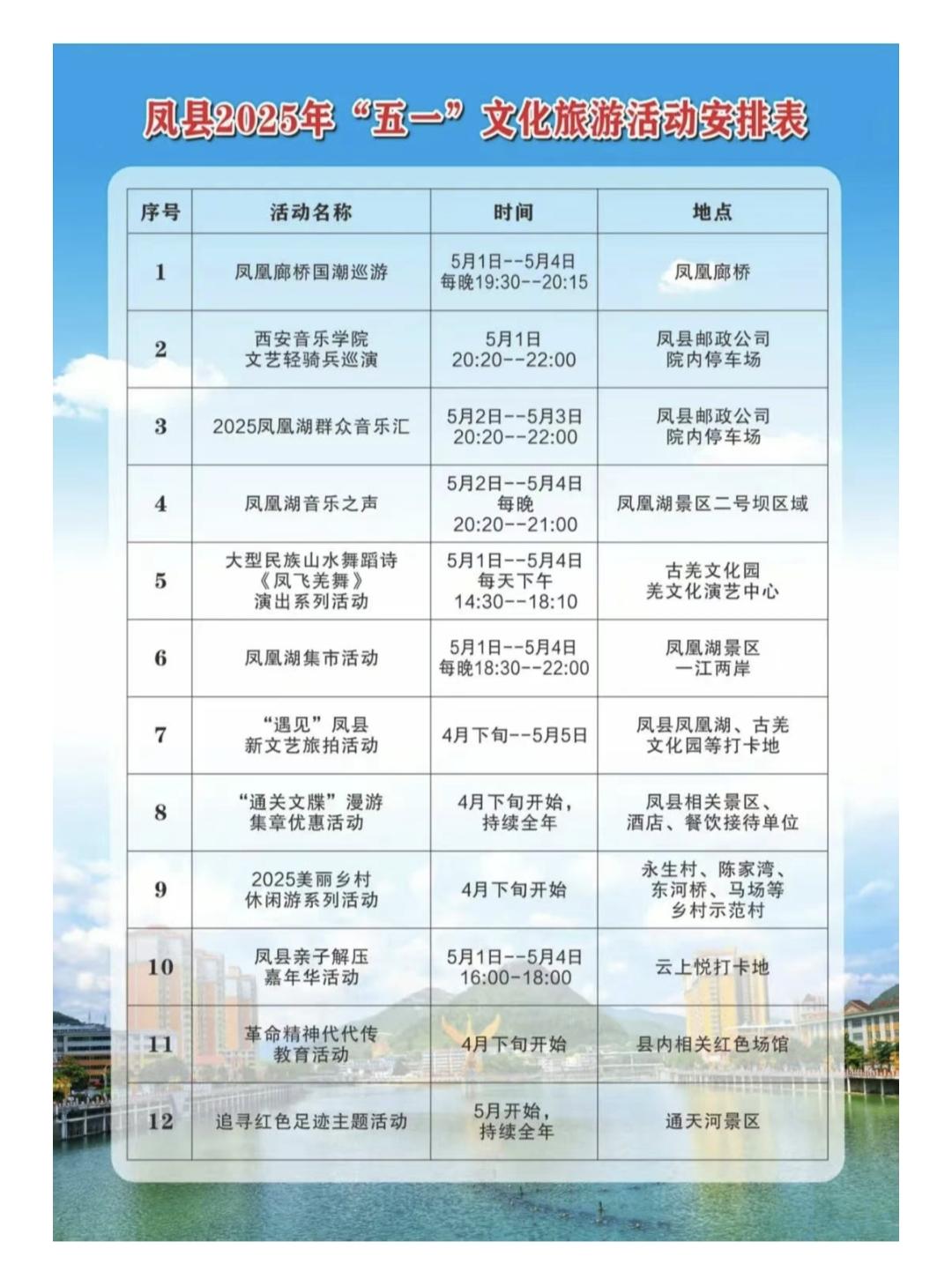 这个五一，快来凤县参与这些精彩活动，留下美好的假期回忆吧~期待与你相遇！旅游咨询