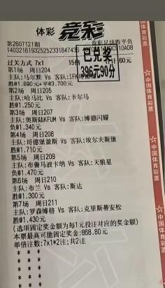 这也是牛人啊！一彩民居然买足彩7串1过关方式，虽然只投入60元，15倍，这位彩民
