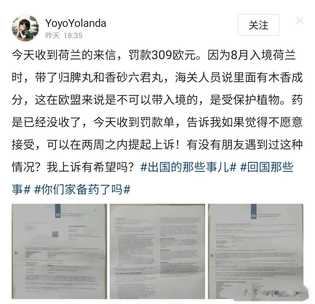 有人入境荷兰带了中成药归脾丸和香砂六君丸，结果药被没收了，还被罚款309欧元。海