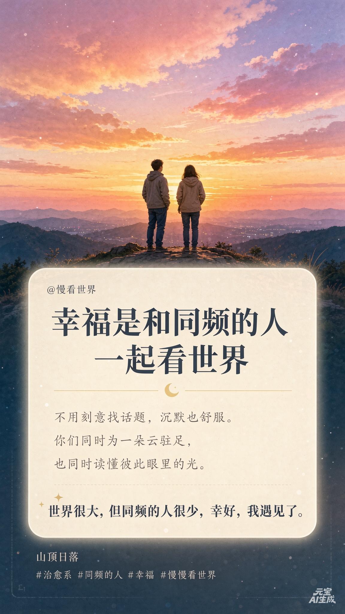 幸福是什么？

以前觉得幸福是去很多地方，后来发现，幸福是和同频的人，看同一片风
