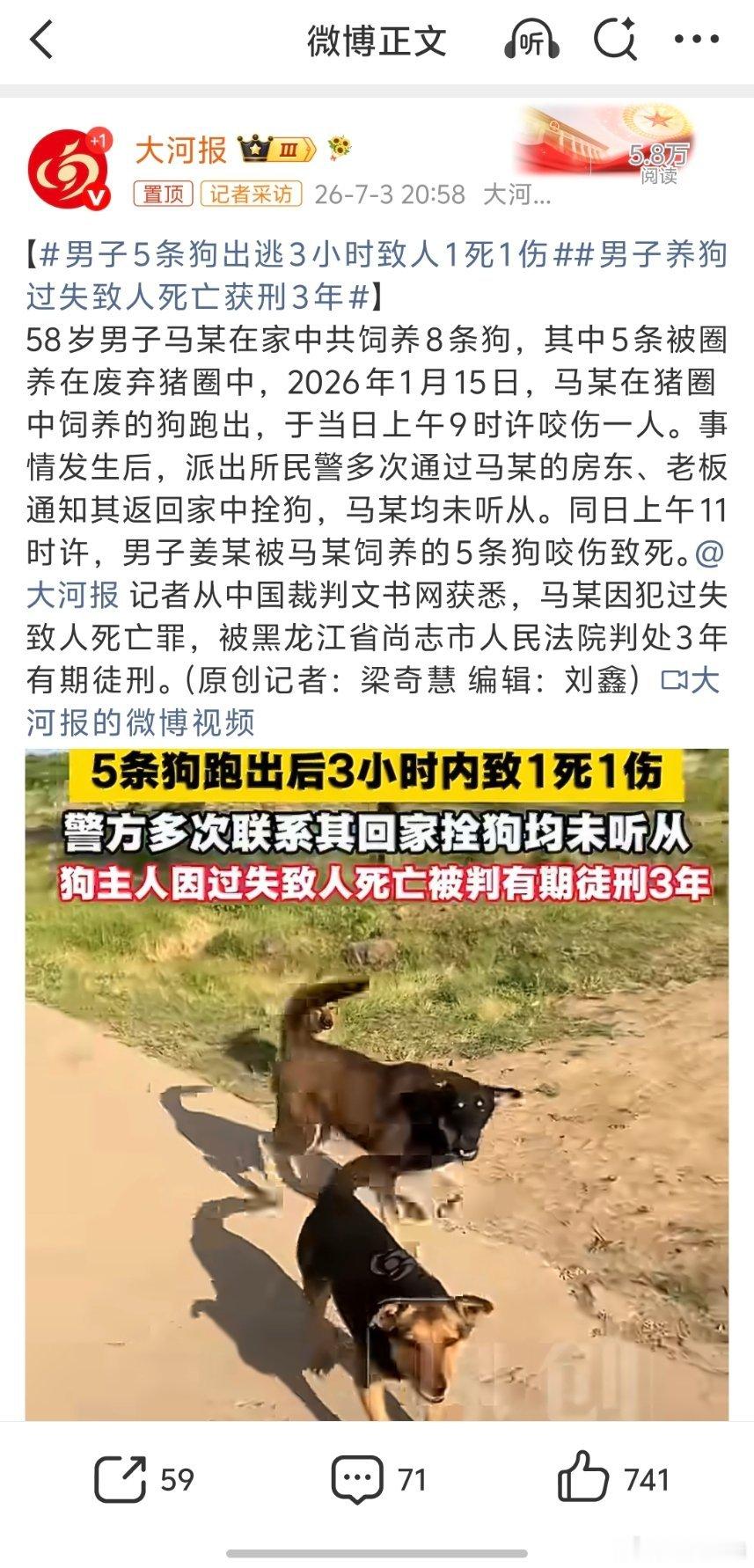 男子5条狗出逃3小时致人1死1伤本来可以避免的悲剧，就是因为狗主人的放任不管，最