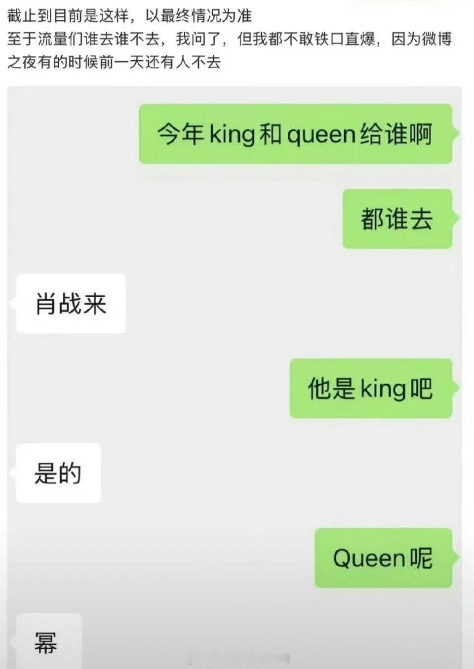 好像有人爆微博之夜King是肖战，Queen是杨幂 