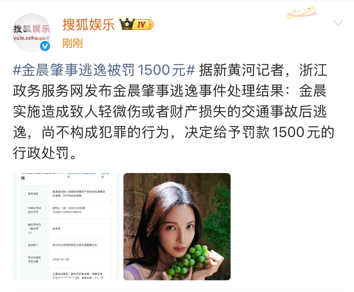 通报来了，金晨被罚1500元金晨肇事逃逸被罚1500元
