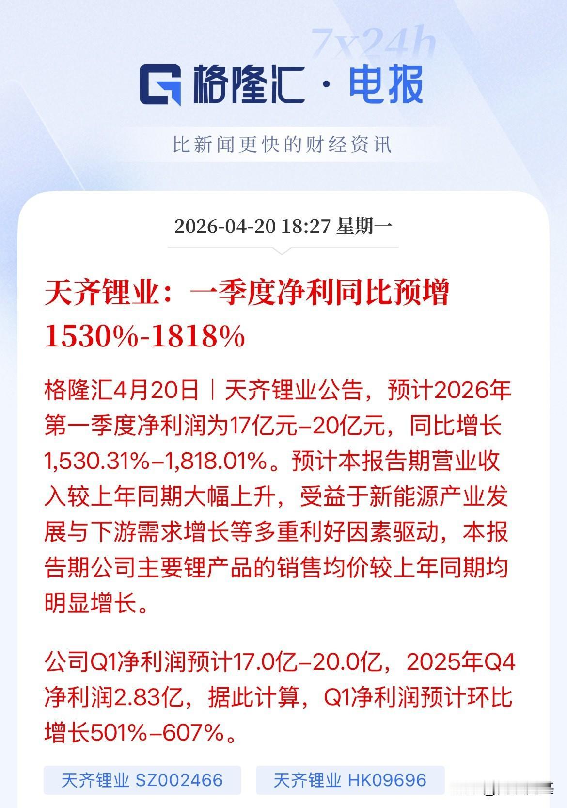 锂矿利好！天齐锂业第一季度净利润预增15-18倍，呦吼，牛了，环比增长5倍到6倍