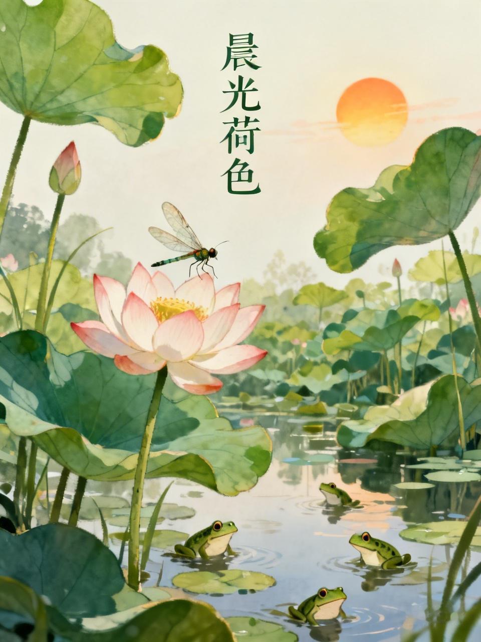 《晨光荷色》
蜻蜓盘旋碧波荡，
旭光映荷绯灿烂
蝉攀高枝唱不停，
蛙鸣游荡童星研