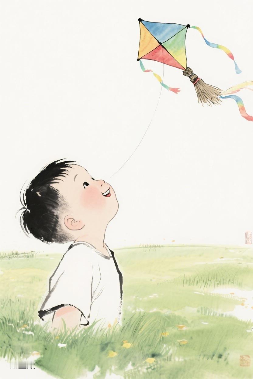AI随心绘在那片绿意与繁花间，仰头看五彩风筝高飞，心也随自由翱翔🌼