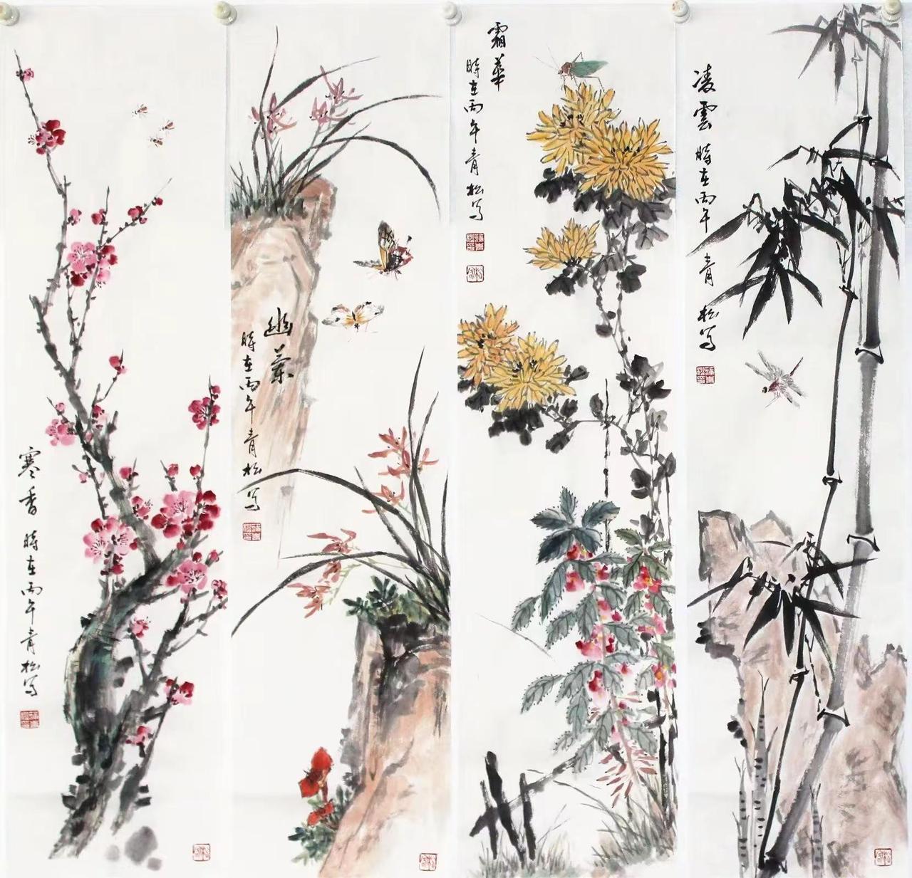 梅兰竹菊。四条屏创作者中心 创作灵感 国画专业 梅兰竹菊四条屏作品 最美中国画 