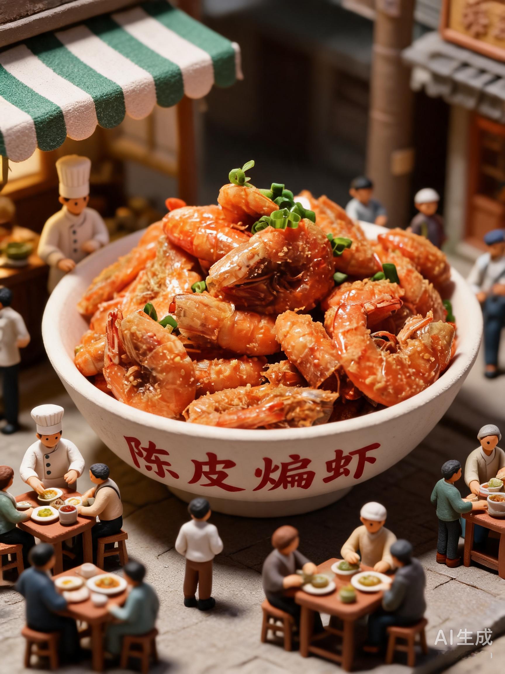 寻味街头，“陈皮煸虾”在AIGC镜头下化作奇妙的微缩之旅。这组黏土场景将老式街边