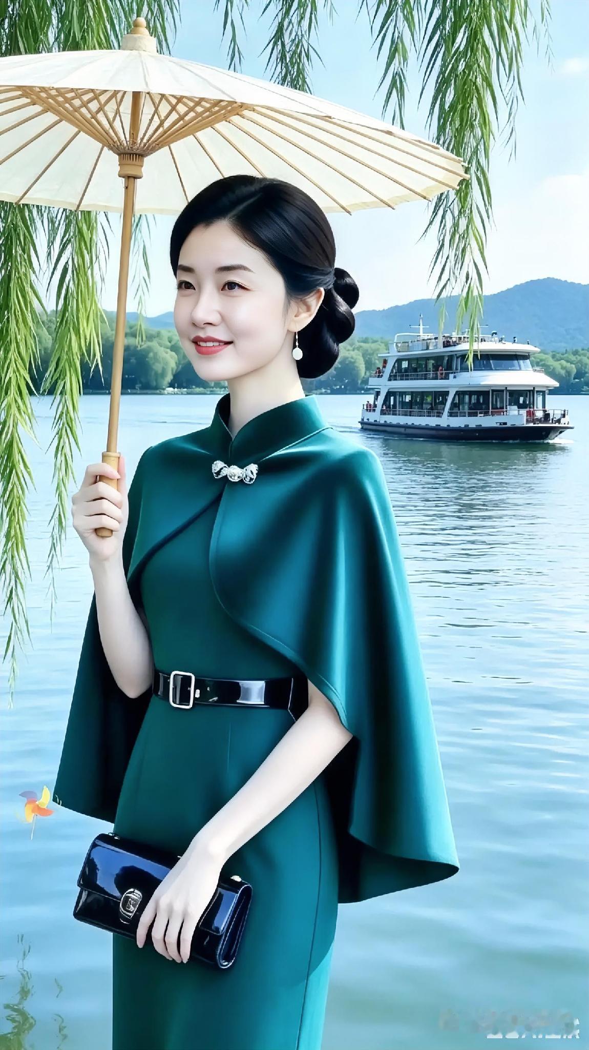 优雅的湖畔时光，绿裙与伞相映成趣，尽显东方韵味。
东方美人 
湖畔绿裙照 
湖畔