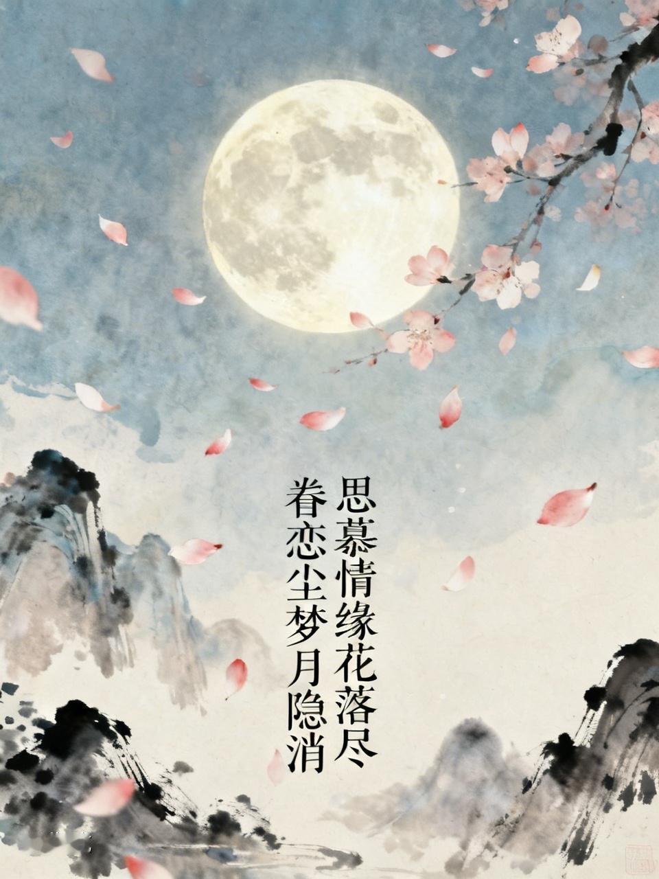 看到“思慕情缘花落尽”这个上联，我脑海里立马浮现出下联“眷恋尘梦月隐消”。
“思